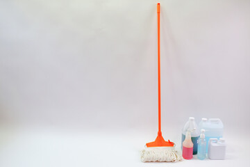 Equipment used by housewives to clean offices and houses photo of cleaning equipment with white background