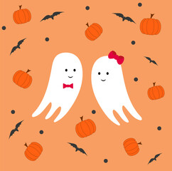 Obraz na płótnie Canvas vector greeting card two cute ghosts met on Halloween with pumpkins and bats