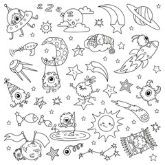 Cartoon little aliens in space. Doodle illustration coloring page