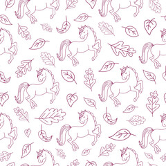 Seamless texture, sleeping unicorns and autumn leaves. For background, fabric, textiles, wallpaper, wrapping paper.