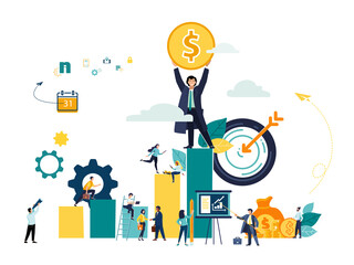 Vector illustration, people running to their goal on a column of columns, moving up motivation, way to the goal.Business growth chart.Flat design, concept of teamwork, cooperation, finance development