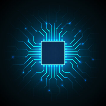 Abstract processor, computer digital chip, printed circuit board. Artificial intelligence. Dark blue technology background, template, design element for web banner, poster. Vector cyber graphics