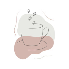 A cup of coffee with coffee beans in pastel colours in minimalism linear style.