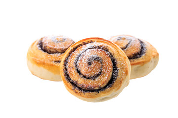 Fresh baked homemade tasty poppy buns with sugar powder isolated on white