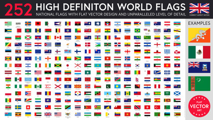 Highly detailed flat vector illustration of a set of 252 flags of the world with names and meticulously crafted emblems. Correct aspect ratios.