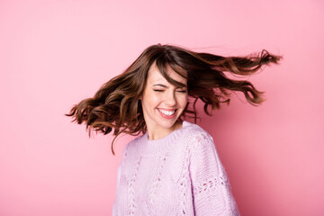 Portrait of lovely cheerful dreamy girl dancing having fun isolated over pink pastel blue color...