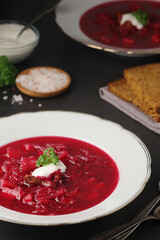 A plate with Ukrainian national dish - borsch