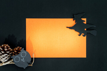 Halloween invitation. The owl and witch on orange and black background.