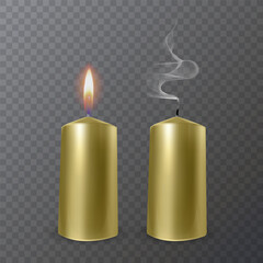 Realistic colorful burning candles isolated on a transparent background. Vector format