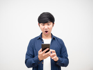 Fototapeta premium Asian man holding mobile phone and feeling shocked portrait white isolated