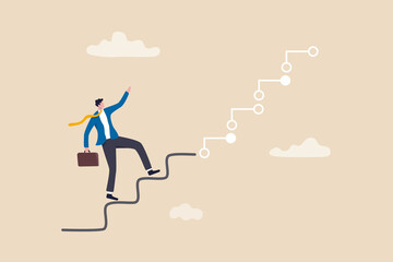 Digital transformation, company use technology and innovation to optimize workflow and change future concept, businessman corporate leader climbing up analog stair to transform into digital step.
