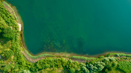 Aerial view of a picturesque place where transparent turquoise water of a forest lake meets a stony shore with trees in spring. captured with a drone. High quality photo