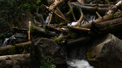 Waterfall flowing through ancient woods