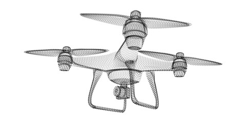 Drone silhouette consisting of black dots and particles. 3D vector wireframe of a Quadrocopter with a grain texture. Abstract geometric icon with dotted structure isolated on a white background