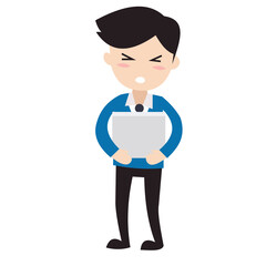 Vector illustration of office man character carrying cardboard with eyes closed and mouth open