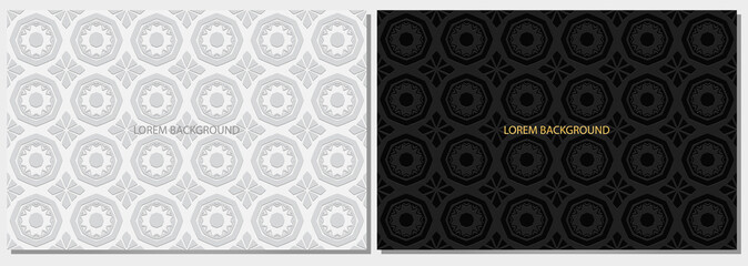 Creative black and white banners, cover design set, horizontal vector templates. Geometric volumetric convex ethnic 3D pattern. Original oriental, Indonesian, Mexican, Aztec motives.