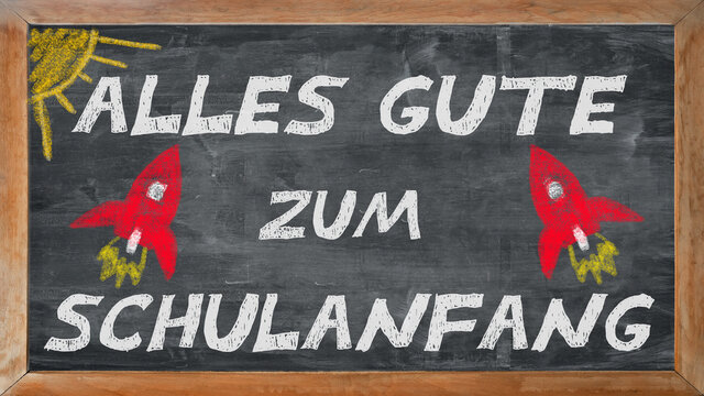 SCHULANFANG Hintergrund - Alte rustikale Schultafel Kreidetafel, mit altem rustikalem Holzrahmen, und der Aufschift: ALLES GUTE ZUM SCHULANFANG, mit Symbol von Rakete und Sonne