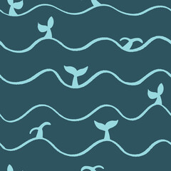 Whale tails in sea ocean waves creating a stripped repeat pattern. Navy turquoise seamless background print. Vector illustration. Surface pattern design. Great for kids, swimwear, unisex clothing and
