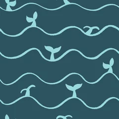 Keuken foto achterwand Oceaandieren Walvisstaarten in zee oceaangolven creëren een uitgekleed herhalingspatroon. Marine turquoise naadloze achtergrond afdrukken. Vector illustratie. Oppervlakte patroon ontwerp. Geweldig voor kinderen, badkleding, unisex kleding en