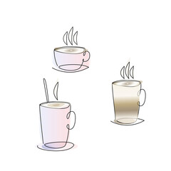 a set of cups of coffee drawn lines and watercolor