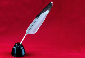 Feather Quill Pen Standing in an Ink Bottle on a Red Background