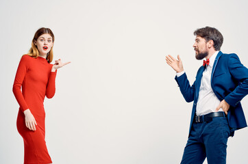 beautiful young couple emotions hand gestures isolated background