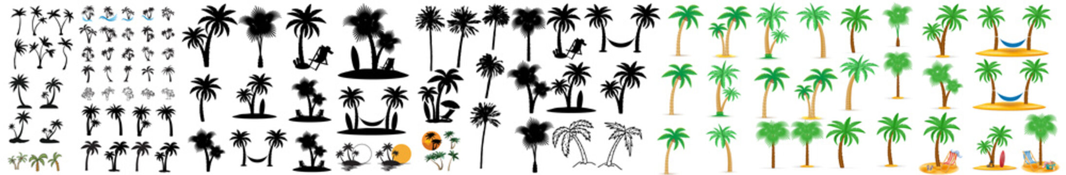  Palm silhouettes. Highly Detailed Palm Trees, Tropical trees for design about nature. A palm tree isolated on white. Black palm trees set isolated on white background.