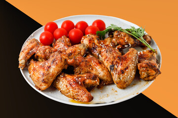 Chicken Wings On Levitation Plate On Black And Orange Background. 