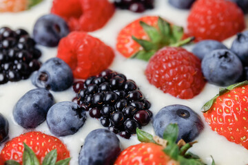 Fresh Berries In Cream, Yoghurt Or Milk. Close Up, Flat Lay.
