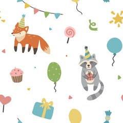 Funny birthday party animals pattern. Seamless texture for textile, fabric, apparel, wrapping, paper, stationery.
