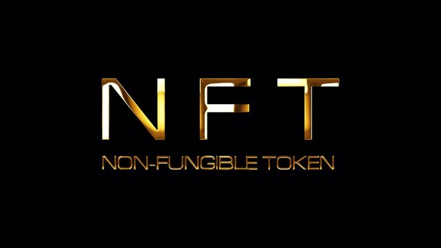 NFT Non Fungible Token glitch text effect with gold light glowing loop animation. 4K 3D isolated QuickTime Alpha Channel ProRes 4444 seamless loop NFT Non-Fungible Token text glitch effect element.
