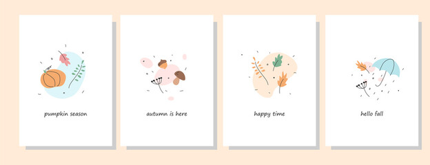 Autumn mood greeting card poster template. Welcome fall season thanksgiving invitation. Minimalist postcard nature leaves, trees, pumpkins, abstract shapes. Vector illustration in flat cartoon style