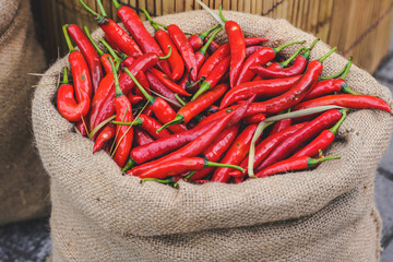 Sack of fresh spicy red chillis 