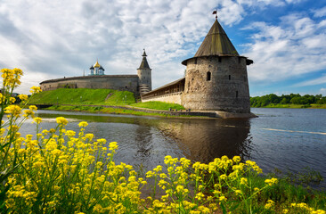 Ancient Kremlin and yellow flowers in summer day, Pskov, Russia