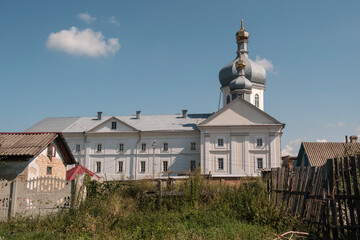 View to Church of the Resurrection of Christ, Korets, Rivne region, Ukraine. August 2021