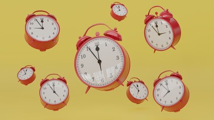 Red retro alarm clock and number clock showing five minutes to eight clock  time, collage in numbers on light yellow background. 3d rendering
