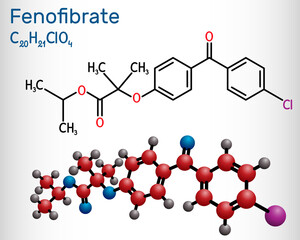 Fenofibrate molecule. It is drug, used to lower cholesterol levels in patients at risk of cardiovascular disease. Structural chemical formula and molecule model