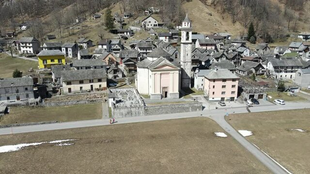 Drone view at the village of Sonogno on Verzasca valley in the Swiss alps