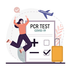 Jumping traveller with negative PCR test for coronavirus. Female tourist with luggage. Stamp - accepted on paper. New normal for trips, communication