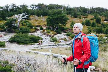 Hike in Patagonia. Advanture traveler on the trek to Fitz Roy Moutain. Argentina