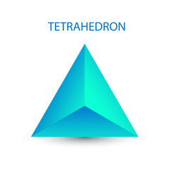 Blue tetrahedron with gradients for game, icon, package design, logo, mobile, ui, web. One of regular polyhedra isolated on white background. Minimalist style. Platonic solid.