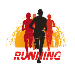 running people in sunrise, stylized vector silhouettes