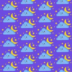 Cute cartoon moon, stars and cloud seamless night pattern on a violet background