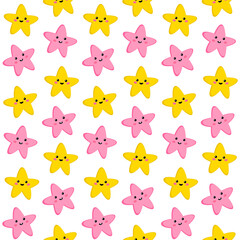 Cute cartoon pink and yellow stars seamless vector pattern on a white background