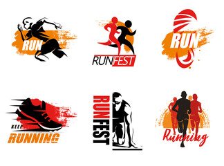 run and running peole logo template collection, stylized emblems