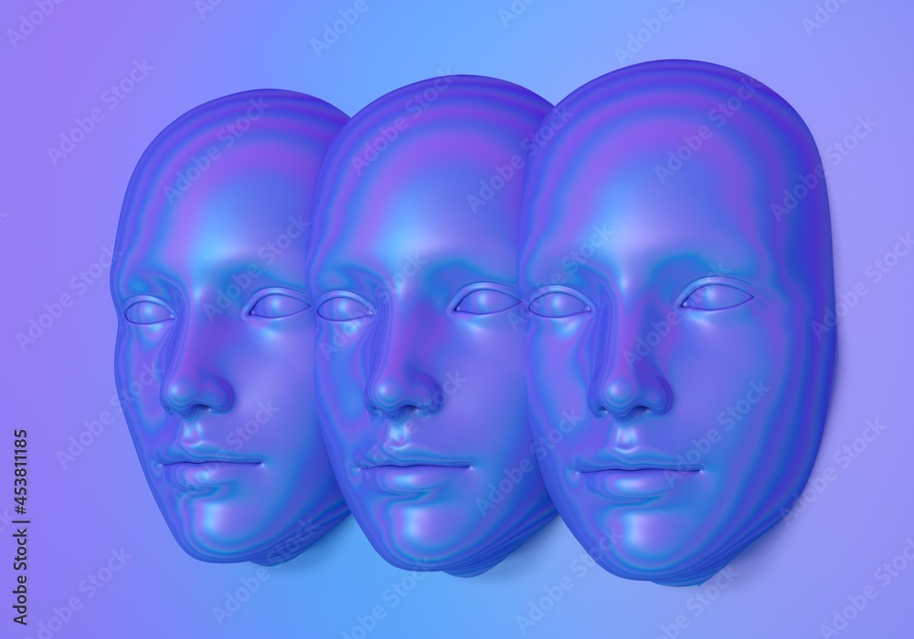 Poster surreal 3d illustration of multiple сonjoined faces in a wall. concept of psychological and mental h