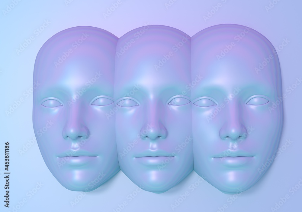 Poster surreal 3d illustration of multiple faces in a wall. concept of post-human and transhumanism ideas.
