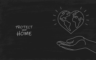 Hand holds Earth heart shaped planet hand drawn vector design, environmental quote wallpaper, protect your home b&w background