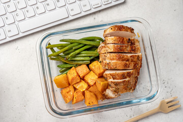 Grilled chicken breast, fillet with sweet potato or pumpkin and green beans, healthy food, top view