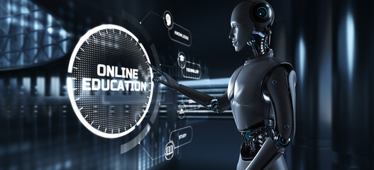 Fototapeta premium Online education e-learning concept. Robot pressing button on screen 3d render.